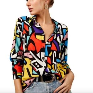 Big Dart Womens Abstract Geometric Button Up Shirt Long Sleeve Multicolor XL